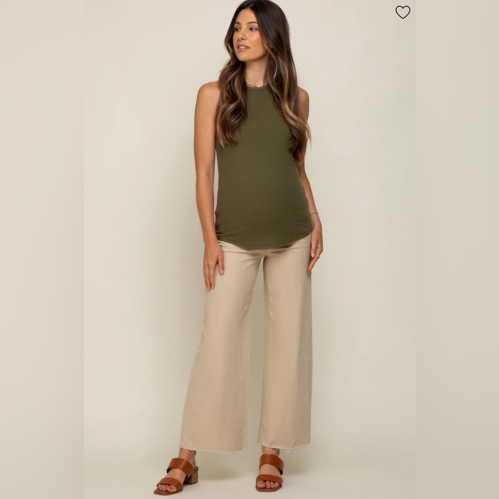 Pinkblush Beige Wide Leg Raw Hem Maternity Jeans - Small